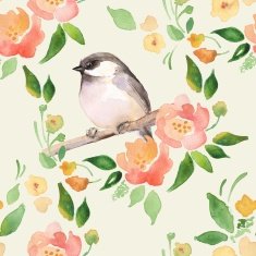 Watercolor floral background with a cut bird Seamless pattern