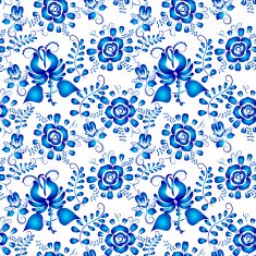 Blue seamless pattern of flowers in Gzhel style