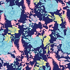 Vector Dark Blue Yellow Pink Kimono Floral Seamless Pattern