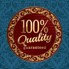 Quality guaranteed golden emblem on ornate background