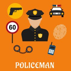 Policeman in uniform with police icons