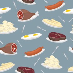 Food seamless pattern Sausage and dumplings Ham steak Scr