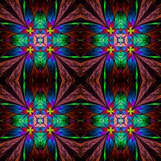 Symmetrical multicolored flower pattern in stained-glass window N7