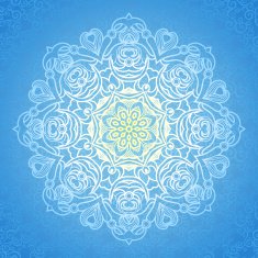 White circle ornament on blue backdrop