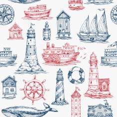 Nautical elements seamless pattern Sea background Vector illustration
