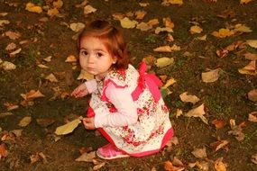 baby girl with dress collects yellow leaves