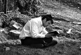 Jew reads the bible on the lawn