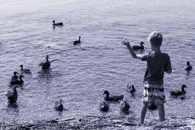 Black and white photo of the child feeding ducks on the lake