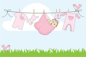 cute baby girl on clothes line, drawing, greeting card template