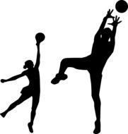 Black silhouettes of people playing volleyball and basketball at white background