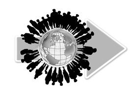 silhouettes of people located around the globe on the background of arrow