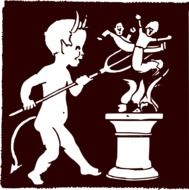 Black and white illustration of devil cupid