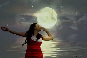 mystical photo of a girl on the background of the moon