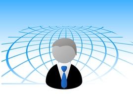 picture of office worker on the background grid globe