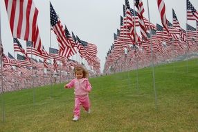 Toddler among American flags