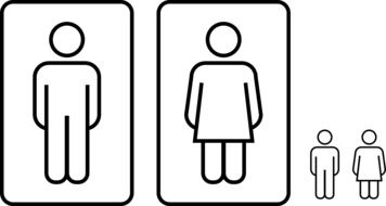 Black and white icon drawing of men and women toilet signs