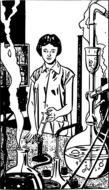 painted woman in chemical laboratory