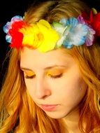 girl portrait princess blond hair colorful wreath sun day
