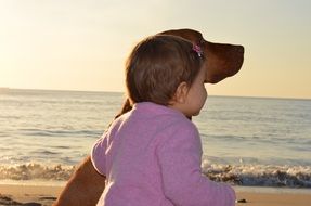 picture of the baby and dog are on a beach