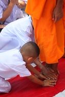 praying child at buddhist monkâs feet
