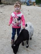 girl with a make-up on the face next to a black and white goat