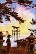 asian girl on scenic coast,vintage drawing