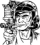 black and white graphic of a futuristic warrior