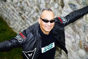 happy man in leather jacket