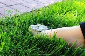 female feet in blue shoe on grass