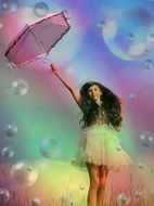 girl in dress with bubbles and umbrella