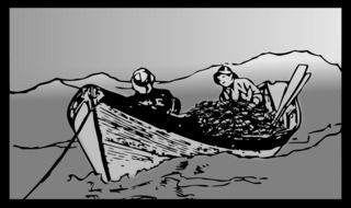 people in fishing boat on sea, artwork