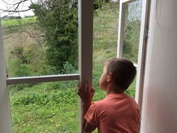child looks out the open window