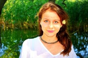 smiling pretty girl portrait water lake aback