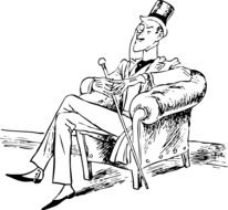 rich gentleman in suit sits on armchair, vintage drawing