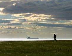 ship in the sea at sunset