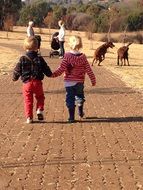 children hold hand walking in the park