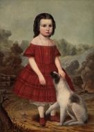 john hegler girl in red dress with dog painting