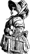 girl in hat with basket, vintage drawing