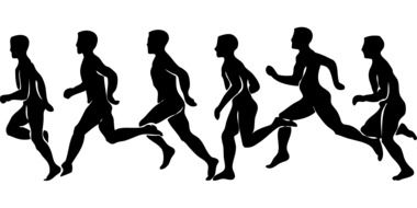 Black silhouettes of the running people on white background