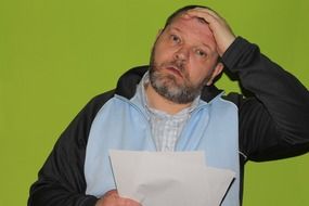 Man with white sheets on a bright green background