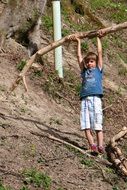 child pulls up on a branch