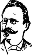 black and white graphic image of a man with glasses and a mustache