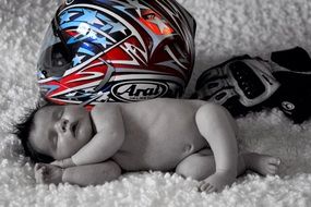 Sleepy baby with helmet