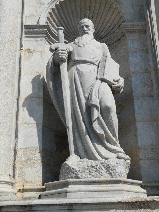 sculpture of saint with a sword and a book, spain, girona