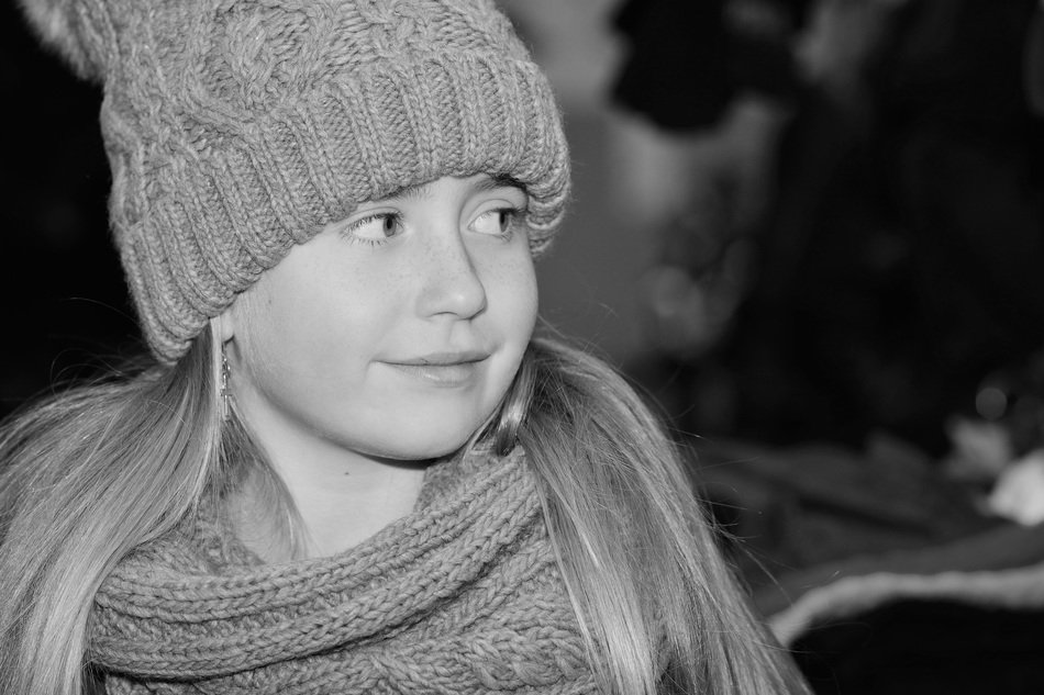 girl in hat satisfied black and white recording