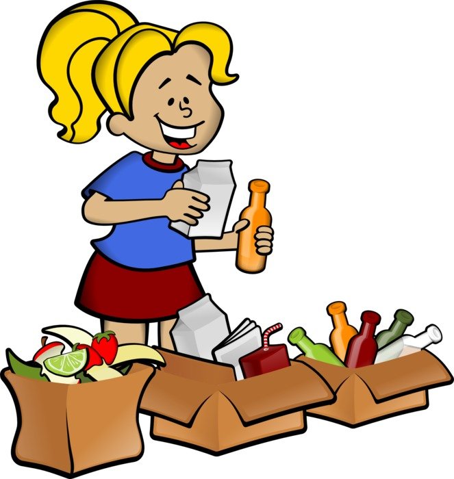 cartoon girl with waste at containers, separating