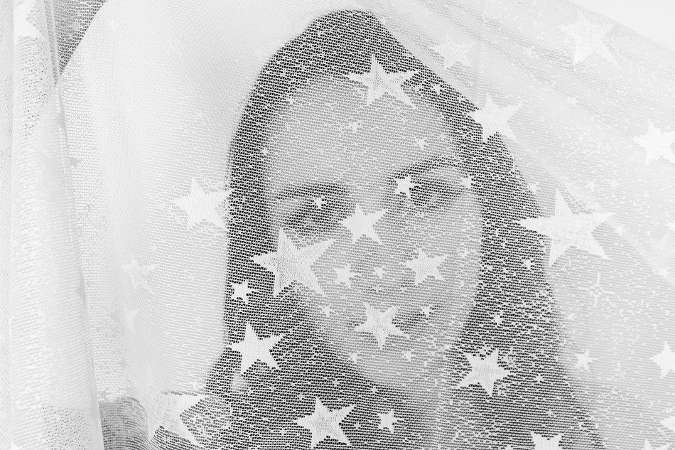 the girl's face behind the tulle with stars