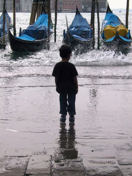 boy looks at the rows of the gondola on the canal in venice
