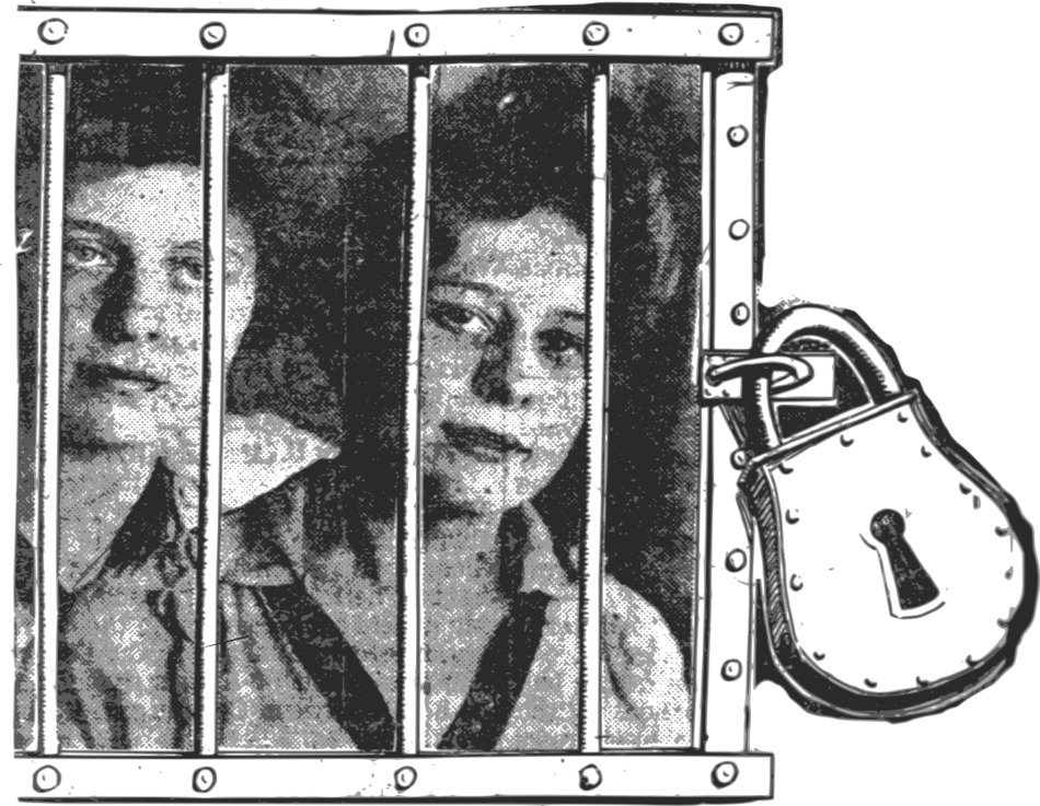 padlock on grate in front of sad girls, prison, collage