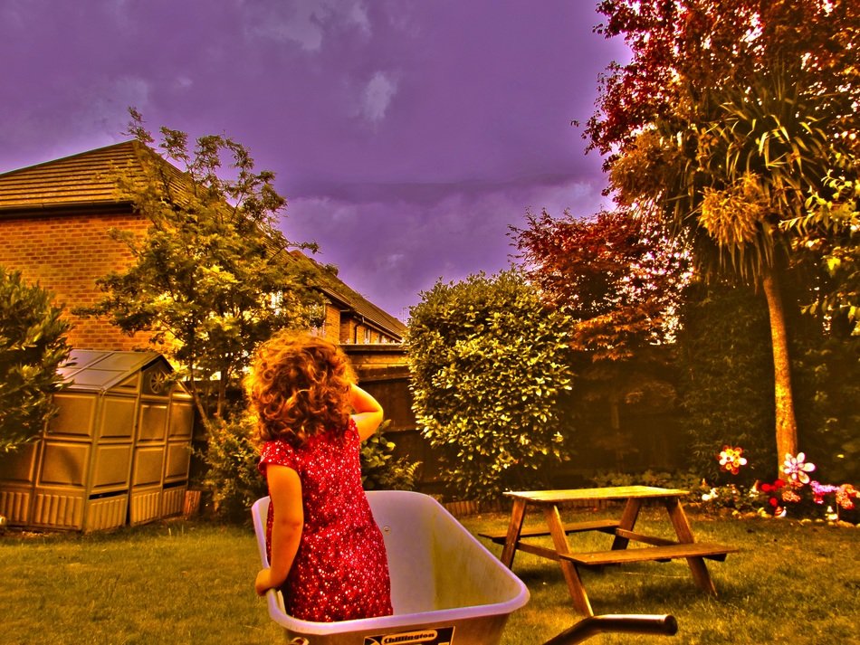 child plays in the home garden drawing